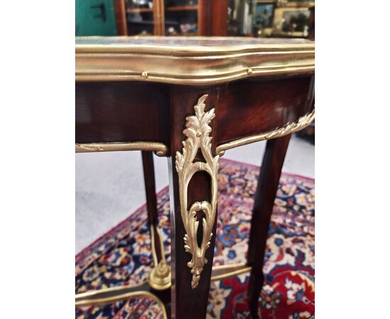 Mahogany coffee table with gilt bronze applications and marble top