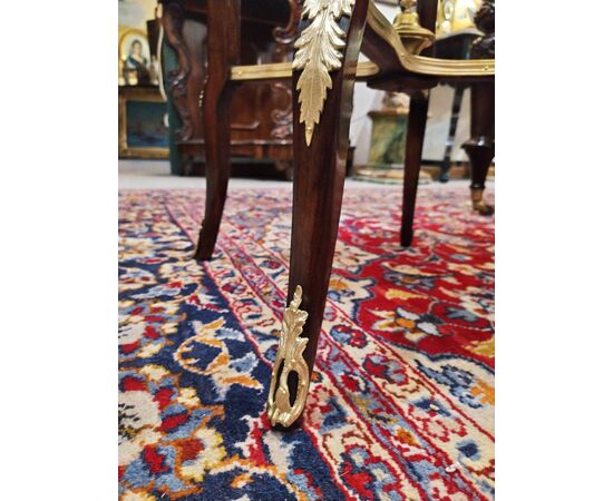 Mahogany coffee table with gilt bronze applications and marble top