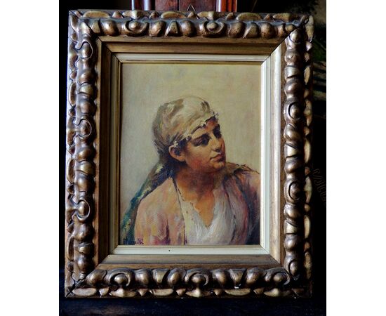 oil painting by Morelli, boy with turban, 19 x 25 cm