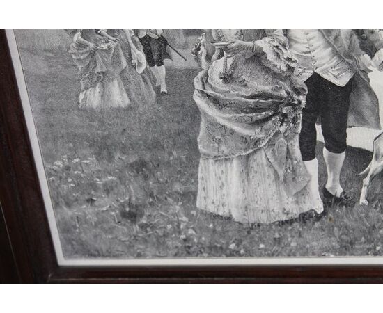 Antique French print depicting a bucolic scene from the 19th century signed on the bottom.