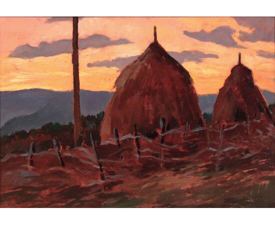 Oil painting: "Landscape with haystacks" - Tuscany '900 school