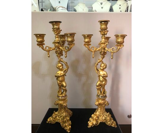 Pair of flambeaux in gilded bronze France 19th century