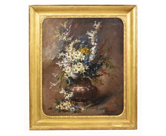 ANCIENT PAINTINGS, STILL LIFE WITH FLOWERS, VASE OF DAISIES, OIL ON CANVAS, DELL 800. (QF393)     