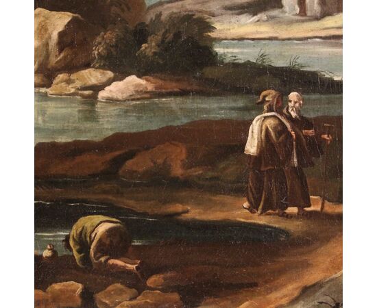 Antico dipinto paesaggio con figure del XVIII secolo