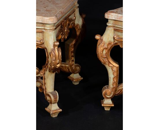 Pair of green and golden lacquered wooden stools     