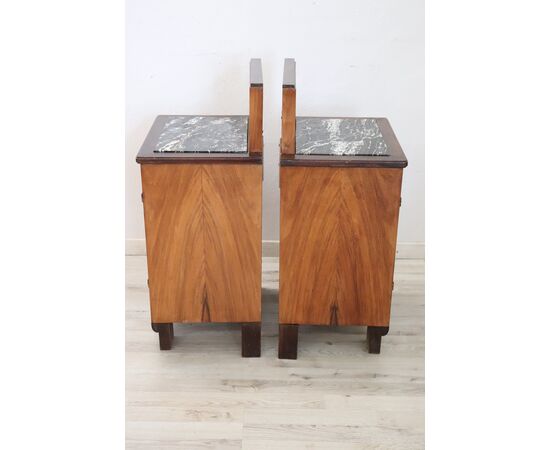 pair of art deco bedside tables inlaid with marble top. PRICE NEGOTIABLE