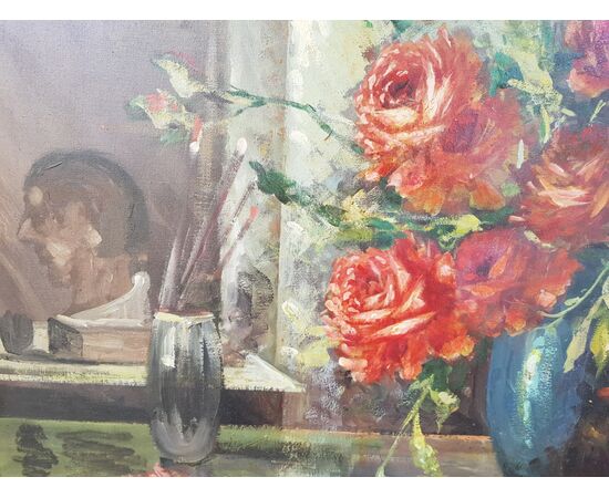 Grande dipinto Vaso con rose cornice dorata '900