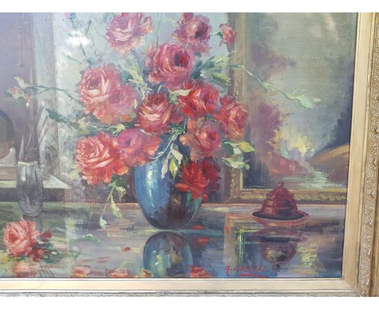 Grande dipinto Vaso con rose cornice dorata '900
