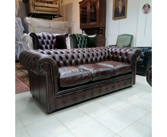 Chesterfield club three seater sofa in original English in new antiqued dark brown leather     