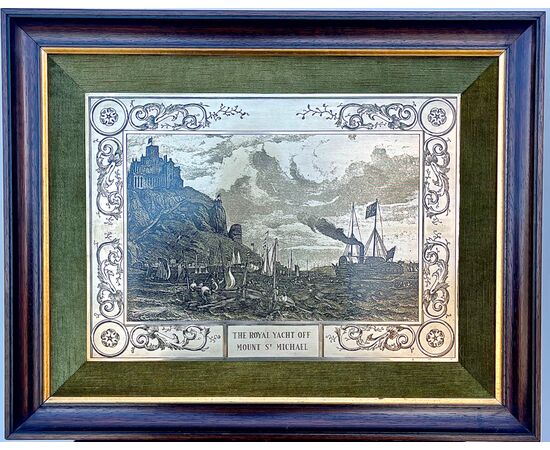 Silver plate engraved and framed with naval scene and Mont St. Michel. Italy     