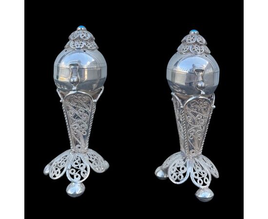 Pair of silver salt cellars with globular shape, turquoise and filigree silver processing.Russia     