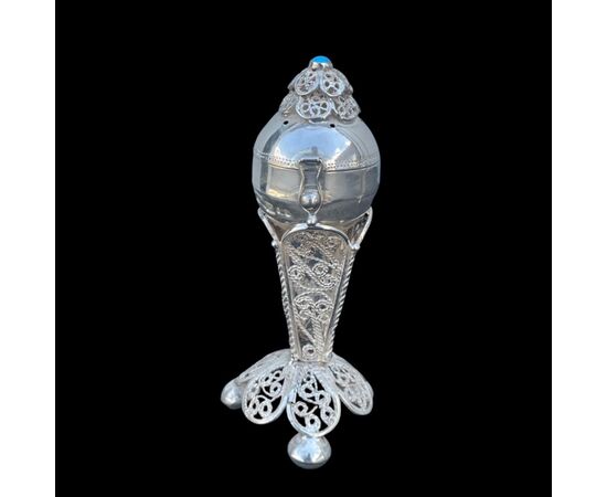 Pair of silver salt cellars with globular shape, turquoise and filigree silver processing.Russia     