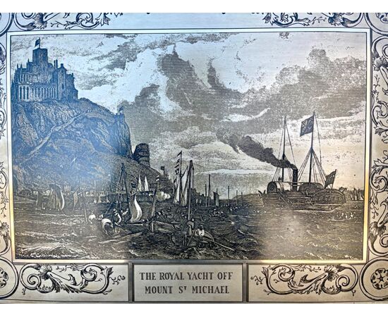Lastra in argento incisa e incorniciata con scena navale e Mont St.Michel.Italia