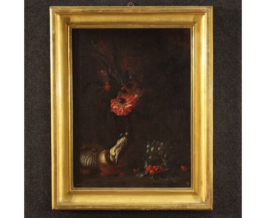 Antique 17th century still life with flowers and fruit