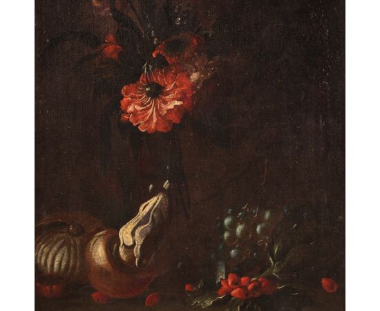 Antica natura morta con fiori e frutta del XVII secolo