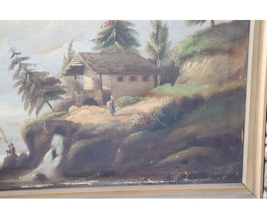 Dipinto antico olio su tela paesaggio lacustre sec. XIX PREZZO TRATTABILE