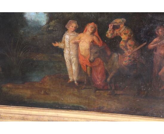 Antique painting France XVIII century gallant scene with Harlequin, coeval frame 87, 50 x 75 cm