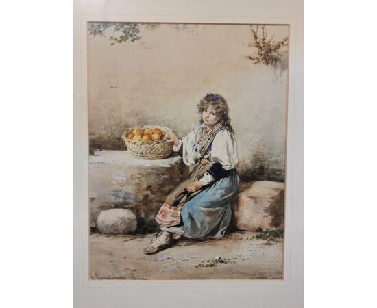 Technical watercolor painting depicting a Young Girl - mid 19th century