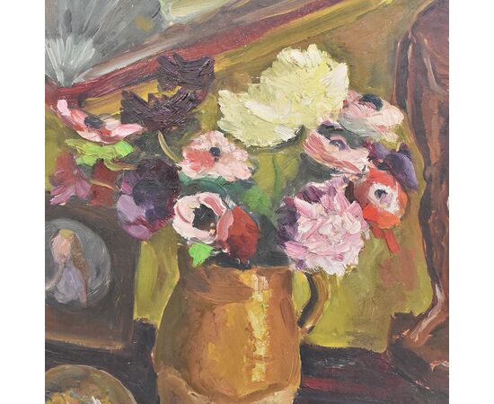 PAINTINGS STILL LIFE XX CENTURY, FAN AND ANEMONES, OIL PAINTING ON BOARD. (QNM242)