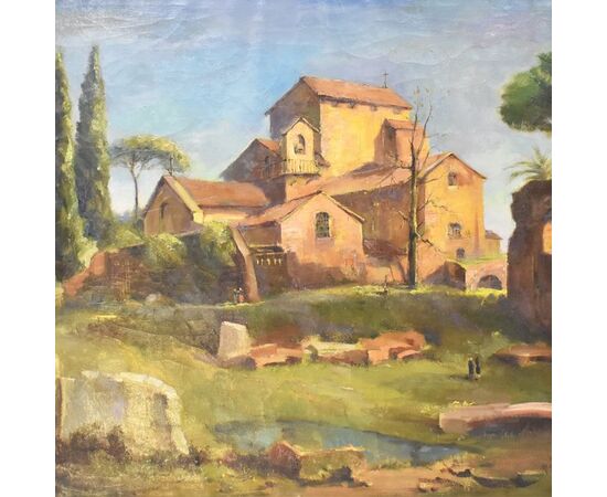 LANDSCAPES PAINTINGS CHURCH-MONASTERY IN ROME, OIL ON CANVAS, PAINTERS OF THE 900. (QP16)