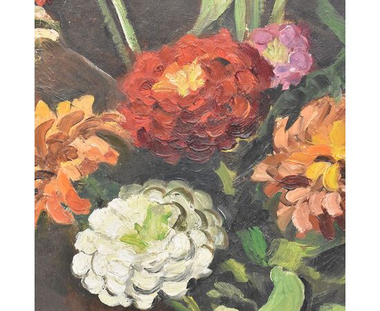 FLOWER PICTURES, EARLY 20TH CENTURY, VASE OF ZINNIE, OIL ON FAESITE. (QF248)