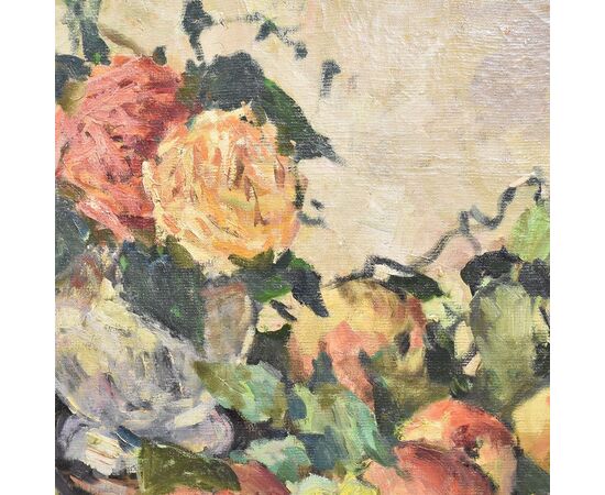 20th CENTURY STILL LIFE PAINTINGS, ART DECO, VASE OF FLOWERS WITH ROSES AND APPLES, RUSSIA. (QNM250)