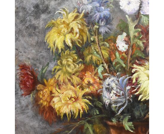 PAINTINGS OF FLOWERS, VASE WITH DALIE AND CHRYSANTHEMES, OIL ON CANVAS, ANCIENT PAINTINGS OF THE 800. (QF251)
