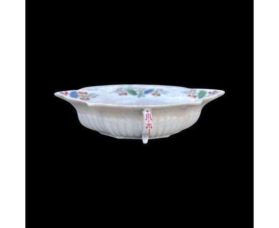 Two-handled gravy boat with oval lobed porcelain saucer with &#39;peony&#39; decoration.Manufactured by Ginori Doccia.     