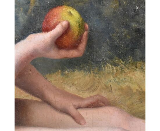 ANTIQUE PAINTINGS, PORTRAITS WITH A GIRL AND APPLE, OIL PAINTING ON CANVAS, DELL 800. (QR310)