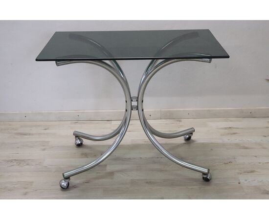 TABLE OR BAR TROLLEY VINTAGE GLASS AND CHROME METAL 80'S PERFECT