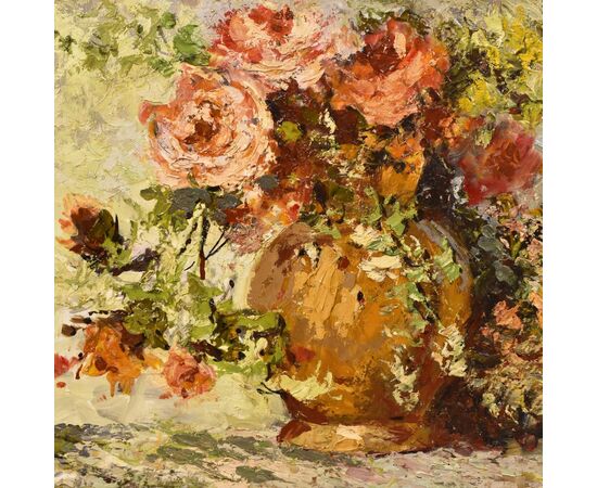 PAINTINGS STILL LIFE FLOWERS, VASE OF ROSES, OIL ON TABLE, 1900s. (QF207)