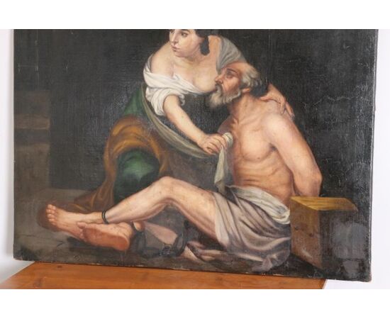 Important large oil on canvas 17th century, Venetian school, "The Roman Charity" 108 x 85 painting Antiques
