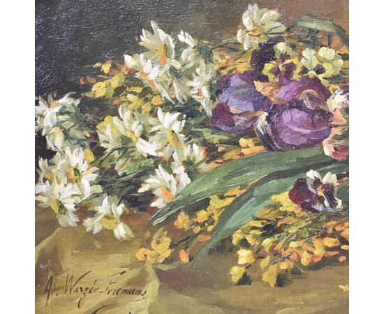 ANCIENT PAINTINGS, STILL LIFE WITH FLOWERS, IRIS AND DAISIES, EARLY 1900s. (QF185)