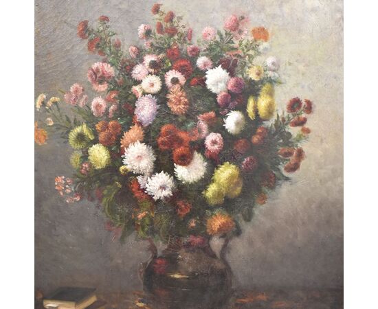 ANCIENT PAINTINGS, VASE OF PAINTED FLOWERS, DALIE AND ASTERS, OIL ON CANVAS, 19th CENTURY. (QF232)