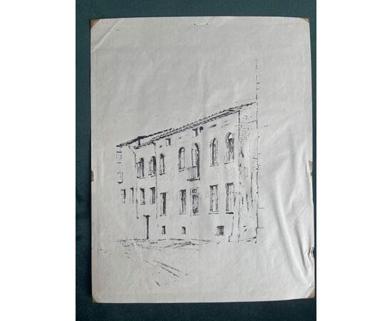 Seven (of thirteen) architectural drawings in ink. Signature: Pino di Pace     