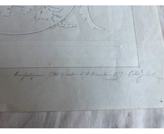 Disegno a matita su carta con soggetto motivo rocaille.Firma Giulio Pietra 28/12/1879