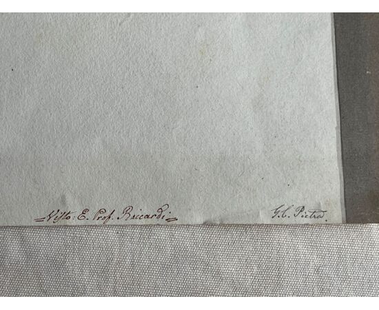 Disegno acquarellato a matita su carta raffigurante un capitello.Firma Giulio Pietra.1874.