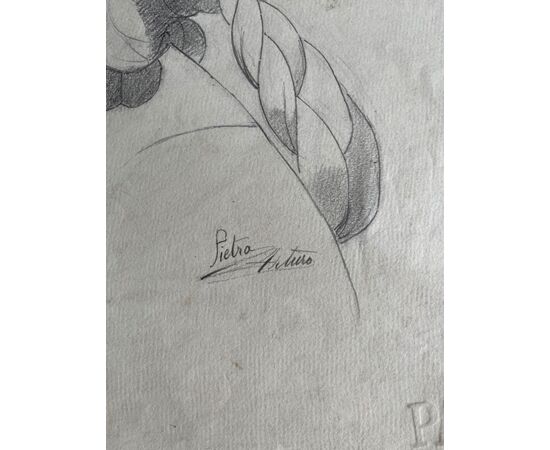 Disegno a matita su carta, profilo di donna rinascimentale.Arturo Pietra.Bologna.