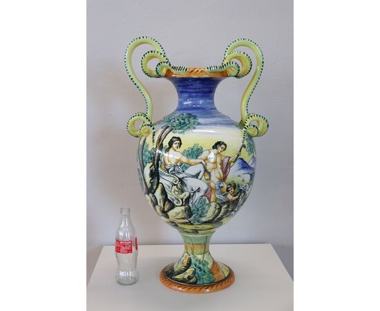 Grande vaso ad anfora antico in maiolica dipinta a mano, ultimo quarto Sec XIX PREZZO TRATTABILE