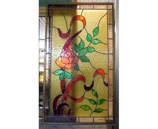 pan346 - colored glass window, period &#39;900, Rocca Vetri, measuring cm l 54 xh 94     
