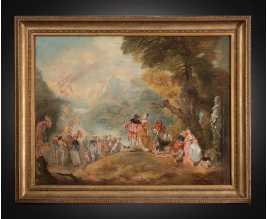 Antique oil painting on canvas depicting a gallant scene. France 19th century.     