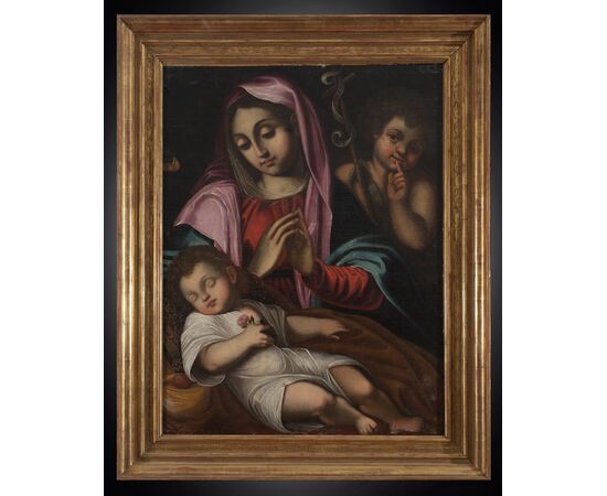Ancient oil painting on canvas depicting the Madonna with the sleeping Child and San Giovannino. Bologna 17th century.     