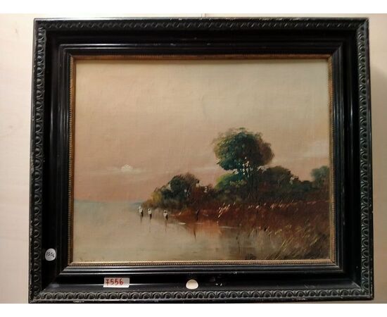 Oil on canvas depicting a lake with English herons from the 1800s     