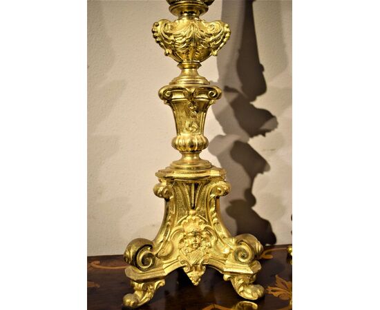Pair of Louis XV candlesticks in gilded bronze     