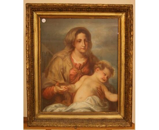 Antique pastel painting on French cardboard from 1800 depicting Maternity     