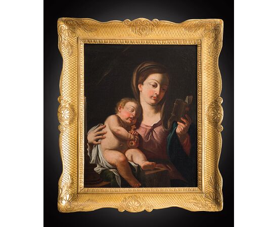 Dipinto antico olio su tela raffigurante Madonna col bambino dormiente. Napoli fine XVIII secolo.