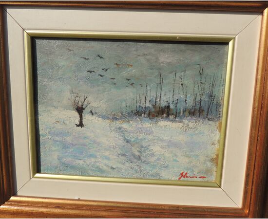 Painting on canvas, Snow with crows, 16 x 21 cm     