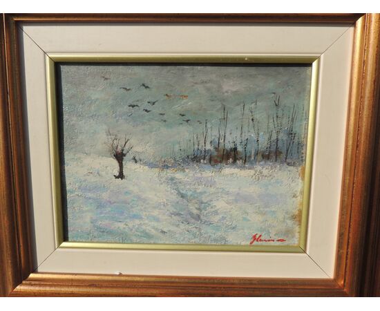 Painting on canvas, Snow with crows, 16 x 21 cm     