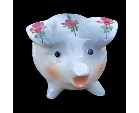 Piggy bank in earthenware decorated with flowers.Signed by Tosin.Vicenza.     