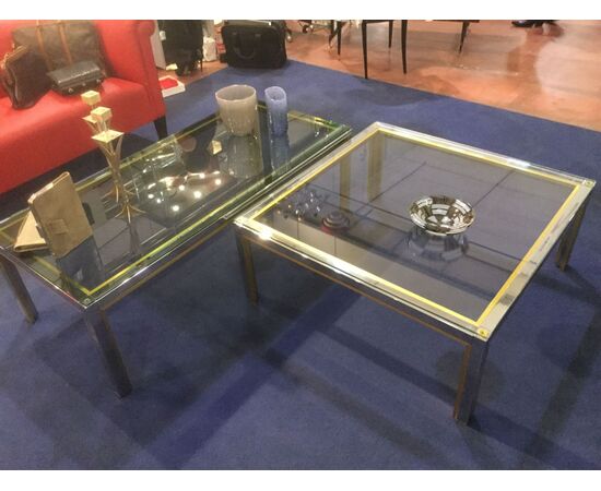 Couple metal brass and glass tables 70s Italian Manufacturing